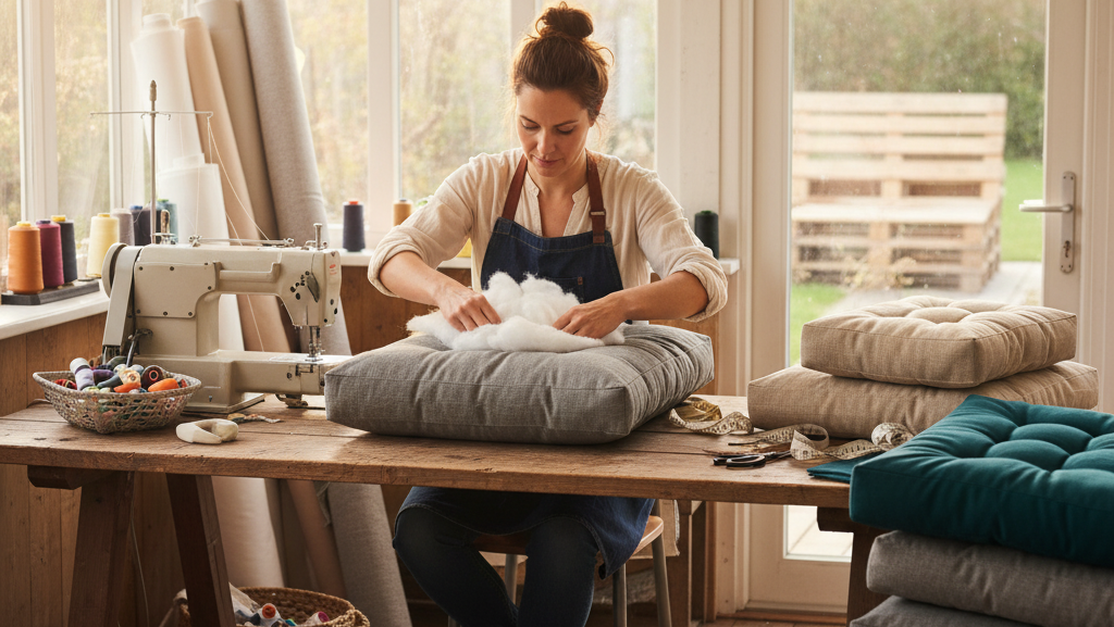 Obraz pokazujący osobę robiącą poduszki na palety