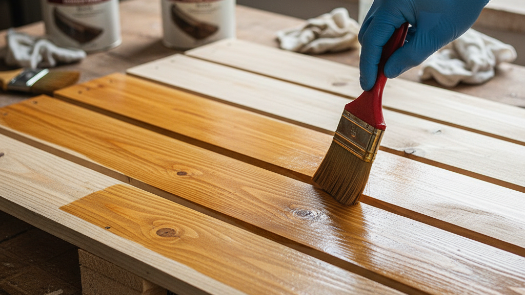 Obraz przedstawia zbliżenie na proces bejcowania drewnianej palety