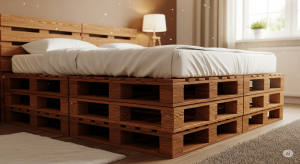 łóżko z palet pomalowanych na brązowo