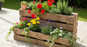 kwietnik z palet z dużą ilością kwiatów