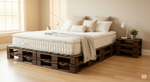 eleganckie łóżko z palet pomalowanych na brązowo