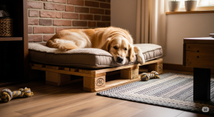 łóżko dla psa z palet, na którym leży pies