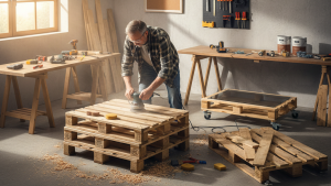 Obraz pokazujący proces tworzenia stolika z palet