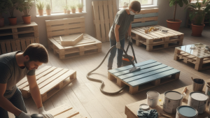 Obraz pokazujący dwie osoby w warsztacie, które zajmują się przygotowywaniem i malowaniem mebli z palet