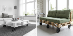 Obraz składa się z dwóch zdjęć, prezentujących meble z palet wyposażone w kółka